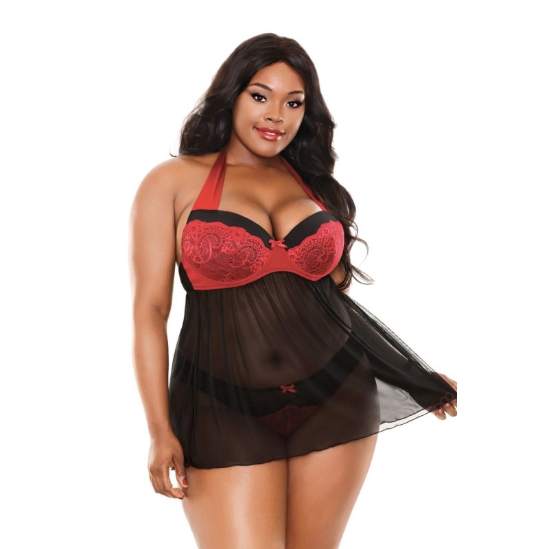 Babydoll su „Halter“ tipo apykakle Sophia - Juoda/Raudona 3XL/4XL