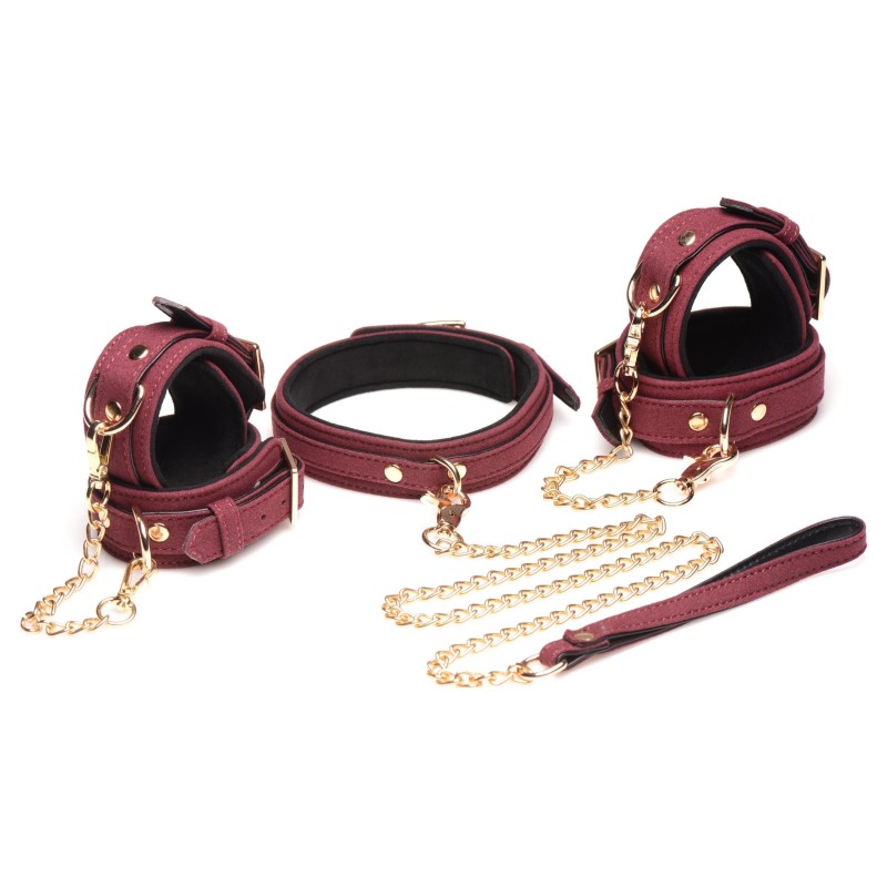 6-teiliges BDSM Wildleder-Set mit Handschellen, Halsband und Leine - Burgunder