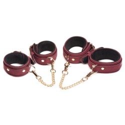 Conjunto de 6 peças de algemas BDSM de camurça com coleira e trela - Borgonha