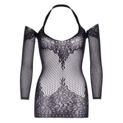Rochie din dantelă cu guler halter răsucit - Negru