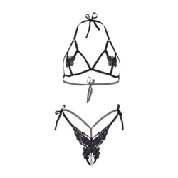 Soutien-gorge à bonnet ouvert et string de perles - Noir