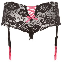 Kanten jarretelgordel met open kruis - Zwart/Roze S/M