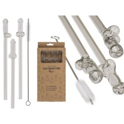 Szklana słomka w kształcie penisa ze szczoteczką do czyszczenia Willy - 4 sztuki