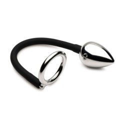 Anillo para pene y testículos Tug + Plug con tapón anal - Negro y Plata