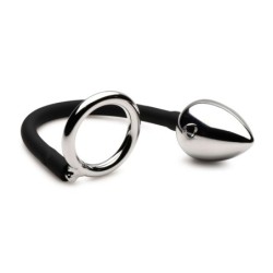 Anello per pene e testicoli Tug + Plug con tappo anale - Nero e Argento