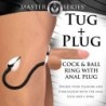 Anell per a penis i testicles Tug + Plug amb tap anal - Negre i Plata