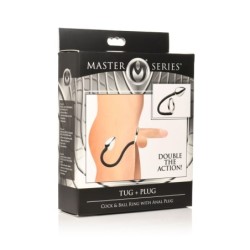 Inel pentru penis și testicule Tug + Plug cu dop anal - Negru și Argintiu