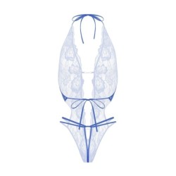 Renee Open Crotch Lace Bodysuit - Blue S/M