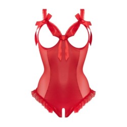 Body met wetlook effect met open kruis/cups Mistique - rood L/XL