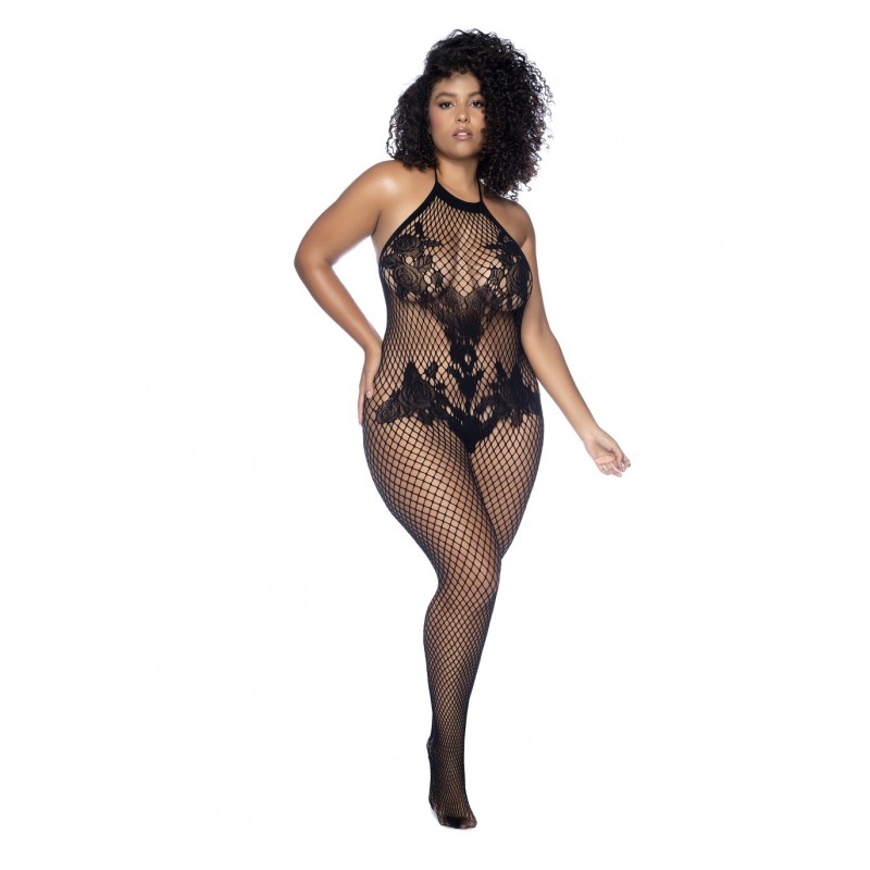 Mod. 1116X Halter och Grenlös Blommig Bodystocking Svart Osx
