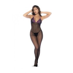 Mod. 1122 Netzstrumpf- und Spitzen-Bodystocking Set Schwarz/Lila Os