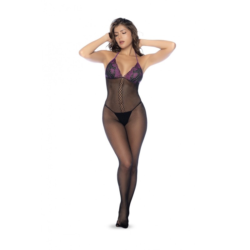 Mod. 1122 Netzstrumpf- und Spitzen-Bodystocking Set Schwarz/Lila Os