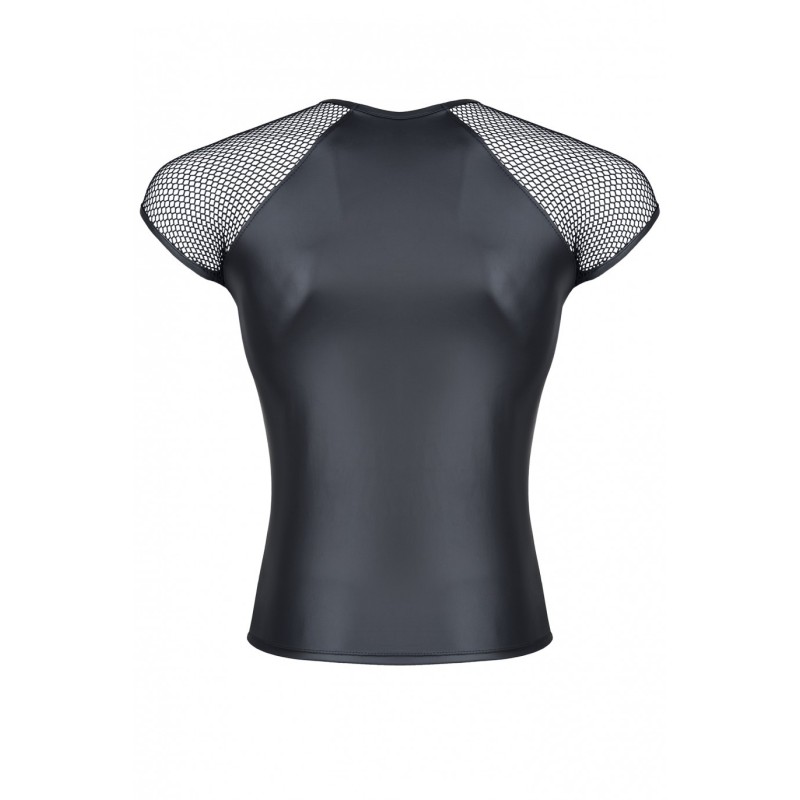 Wetlook Top met Mesh Mouwen Zwart M