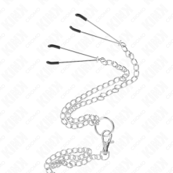 Kromiran kovinski trojni obroček za penis 3.8 Cm Do 5 Cm Kovinska veriga 26 Cm In Ščipalke za bradavice Model 2
