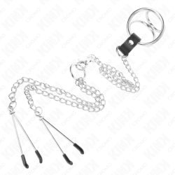 Kromattu Metallinen Kolminkertainen Penisrengas 3 Cm - 4.5 Cm Metalliketjulla 26 Cm Ja Nännipihdeillä