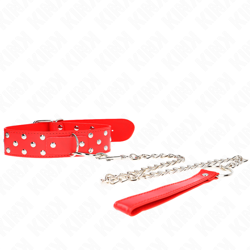 Collar Con Correa 65 Cm Remache Anilla Rojo Ajustable 36-50 Cm X 3.8 Cm