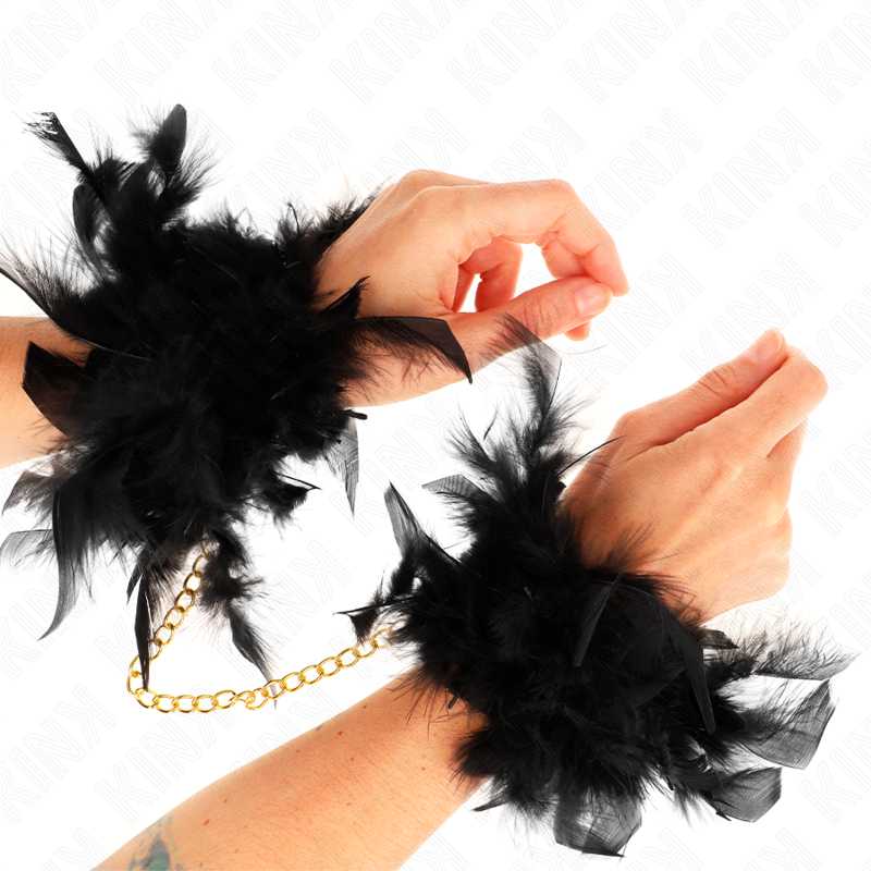 Schwarze Federhandschellen mit goldener Kette Modell 1