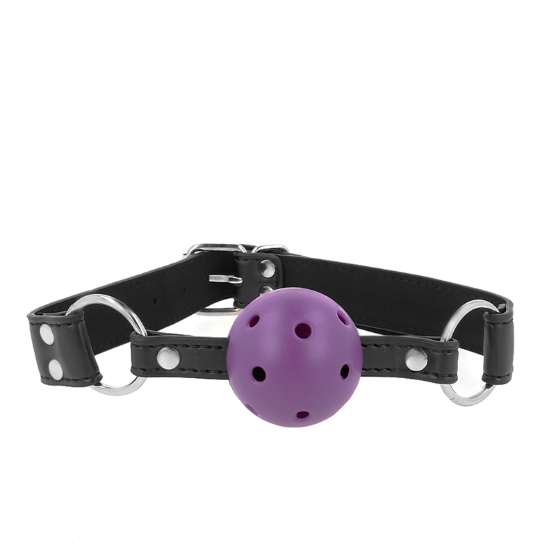 Mordaça de Bola 4 Cm Respirável Com Rebite Duplo Roxo 62 X 2.5 Cm Ajustável 42-58 Cm