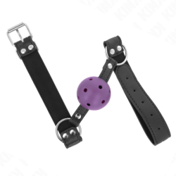 Mordaça de Bola 4 Cm Respirável Com Rebite Duplo Roxo 62 X 2.5 Cm Ajustável 42-58 Cm