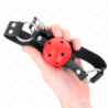Mordaça de Bola 4 Cm Respirável Com Rebite Duplo Vermelho 62 X 2.5 Cm Ajustável 42-58 Cm