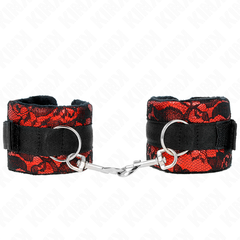 Kurze Samt-Spitzen-Handfesseln mit roter/schwarzer Nylonverbindung 23 x 6,5 cm