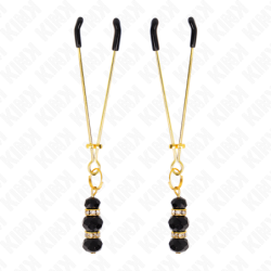 Feine goldene Nippelklemmen mit dreifacher schwarzer Glaskugel 7 cm