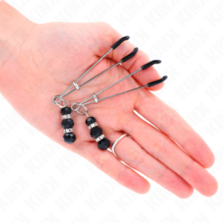 Fine Silver Plated Nipple Clamps With Triple Black Glass Ball 7 cm