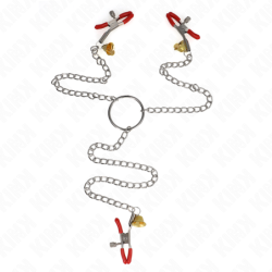Pinzas Para Pezones Y Clítoris Rojas Con Cascabel Dorado Y Cadena 30 Cm