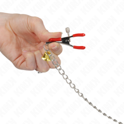 Pinze per capezzoli e clitoride rosse con campanello dorato e catena 30 cm