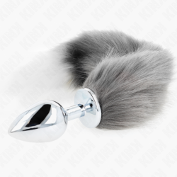 Anale plug maat L 10 X 4 cm met synthetische staart 40 cm zilver en wit