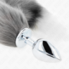 Anale plug maat L 10 X 4 cm met synthetische staart 40 cm zilver en wit