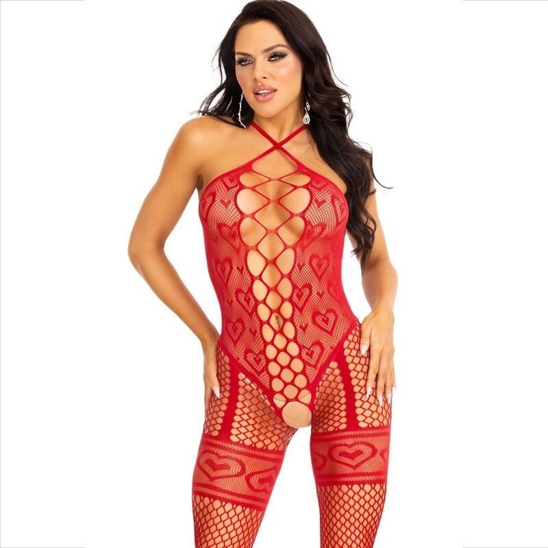 Ciorap Body cu Guler Halter Plasă Inimi Roșu Ciorap Body cu Guler Halter Plasă Inimi Roșu