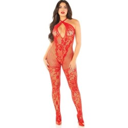 Rode visnetbodystocking met bloemenprint, één maat