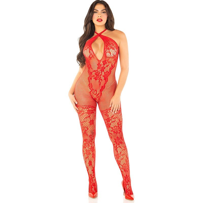 Bodystocking De Rejilla Con Estampado De Flores Rojo Talla Única