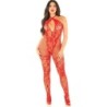 Rode visnetbodystocking met bloemenprint, één maat