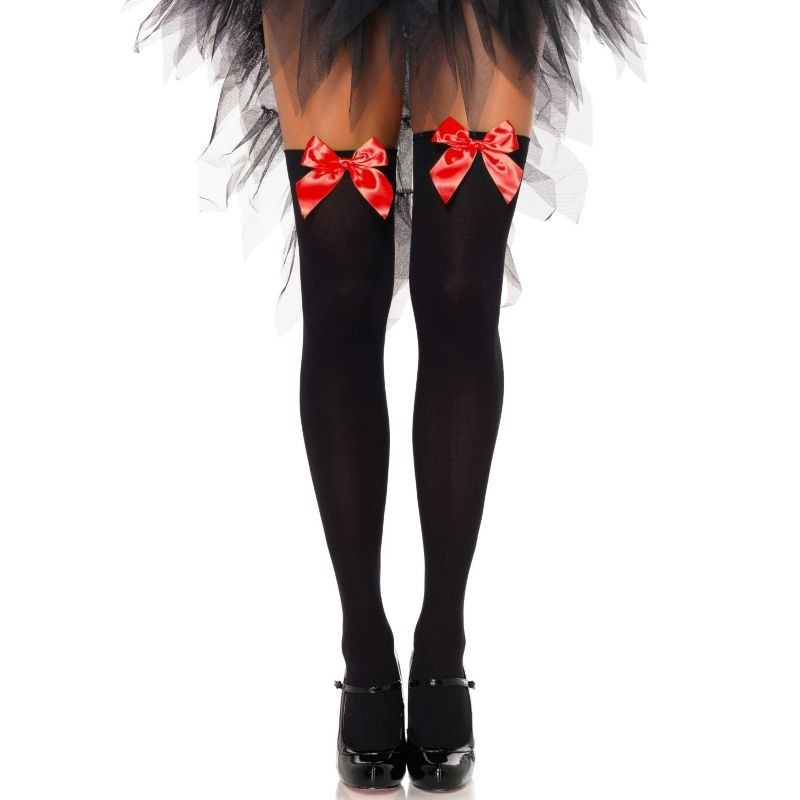 Bas noirs hauts avec nœud rouge, taille unique Bas noirs hauts avec nœud rouge, taille unique