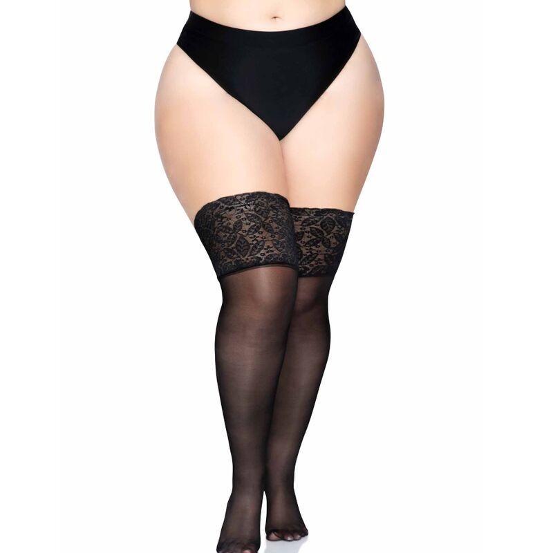 Meias Pretas Autoadesivas Com Renda Larga Plus Size