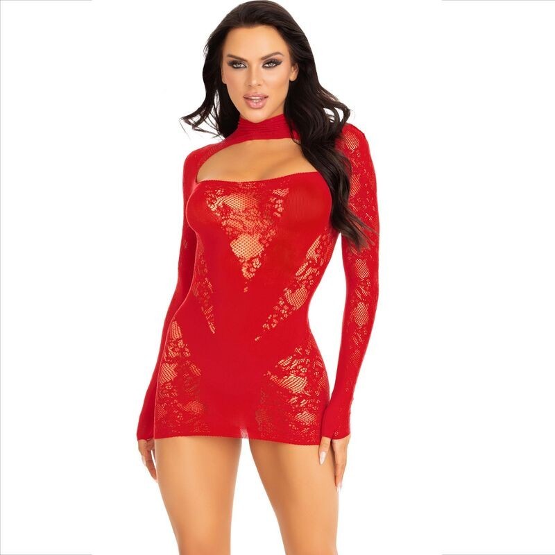 Mini Vestido de Renda com Manga Comprida Vermelho