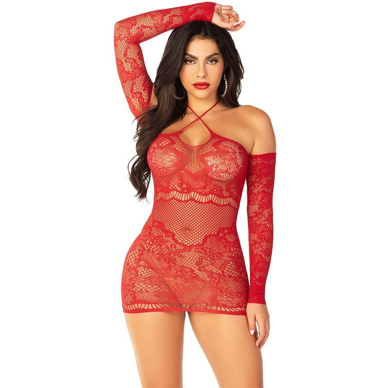 Red Off-Shoulder Long Sleeve Fishnet Mini Dress