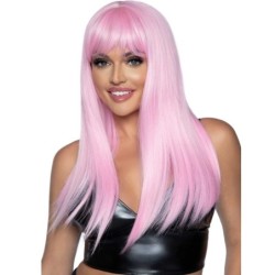 Peruca Longa Lisa Com Franja Rosa