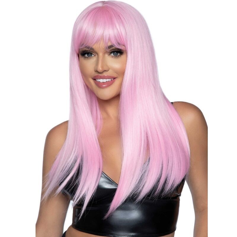 Peruca Longa Lisa Com Franja Rosa
