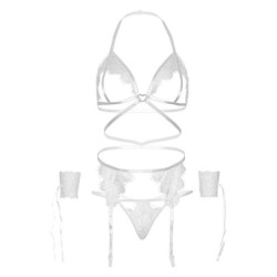 Vierteiliges Set BH, Strapsgürtel, Tanga und Handfesseln Einheitsgröße - Weiß
