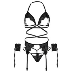 Vierdelige Set Beha, Jarretelgordel, String en Polsboeien One Size - Zwart