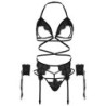 Vierdelige Set Beha, Jarretelgordel, String en Polsboeien One Size - Zwart