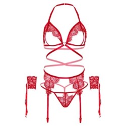 Ensemble Quatre Pièces Soutien-gorge, Jarretière, String Et Menottes Taille Unique - Rouge