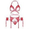 Ensemble Quatre Pièces Soutien-gorge, Jarretière, String Et Menottes Taille Unique - Rouge