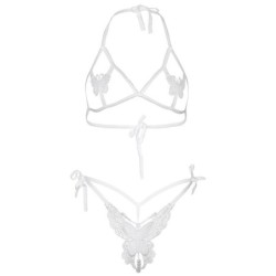 Tweedelige Set Beha en String met Vlinders en Parel Details One Size - Wit