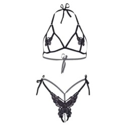 Tweedelige Set Beha en String met Vlinders en Parel - One Size - Zwart