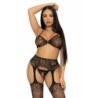 Three-Piece Bra, Thong and Stocking Set One Size - Black