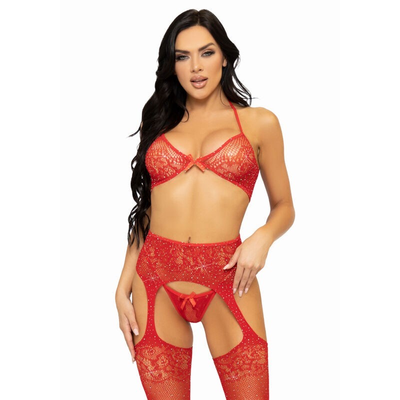Driedelige Set Beha, String en Kousen One Size - Rood